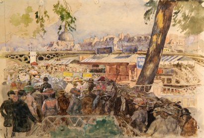 WWWLa Queue aux bateauxmouches parisiens pour Suresnes. 1900. Aquarelle et gouache sur mise en...jpg