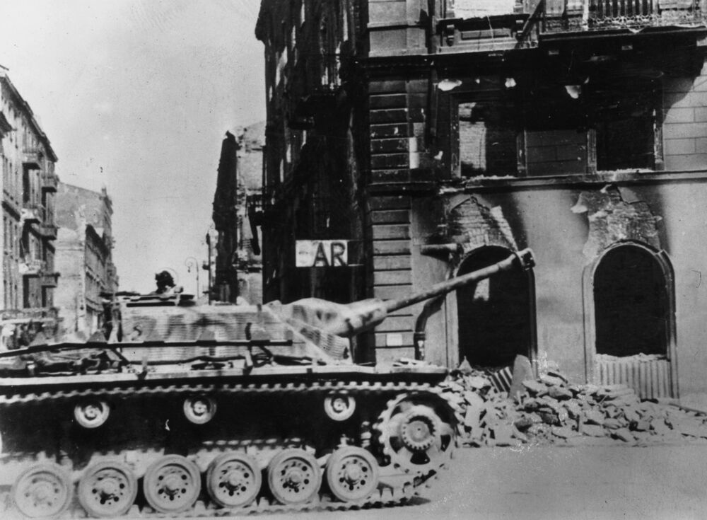 A German tank moves through Warsaw, Poland, in 1944.