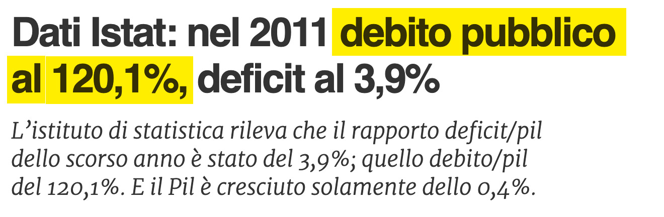 Istat, anno 2011: debito pubblico al 120%