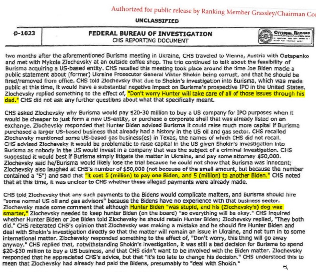 Il modulo FD-1023 dell'FBI in cui viene descritto lo schema corruttivo in cui sarebbero implicati Hunter e Joe Biden.