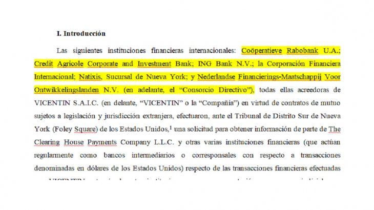 Presentanción del consorcio de acreedores externos de VIcentin antes los tribunales de Nueva York.