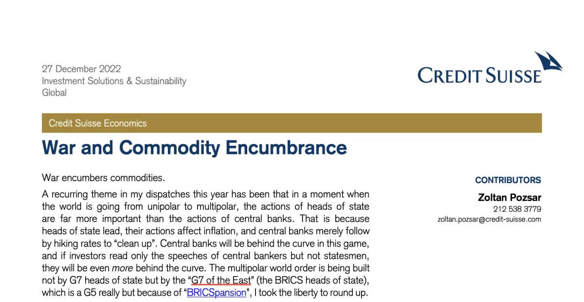 Zoltan Pozsar del Credit Suisse: War and Commodity Encumbrance